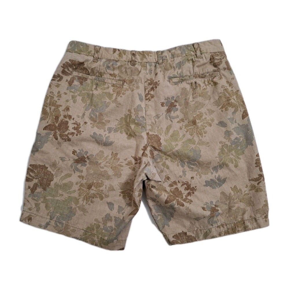 Uniqlo Men's Large Tropical Hawaiian Khaki Shorts Chino Flat Front Hibiscus Tan - Picture 5 of 9